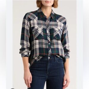 Rails Kendra navy white forest Plaid Button up shirt Top long sleeve S